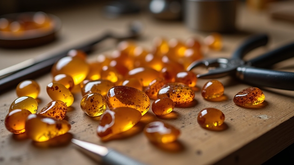 Close-up of various amber stones in different cuts and sizes arranged with silver wire and tools