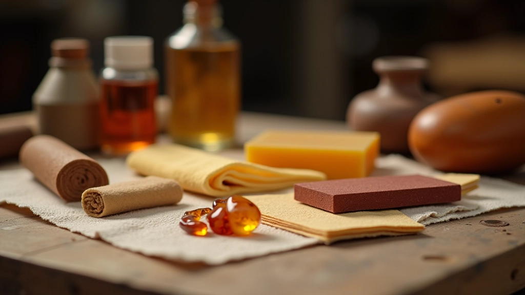 Complete set of amber polishing tools laid out including sandpaper, polishing compound, soft cloths, and protective materials