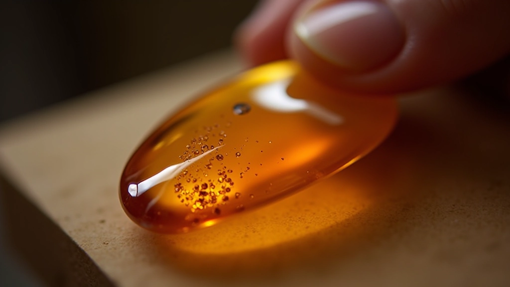Close-up of amber surface being polished with fine-grit sandpaper, showing the shine developing on the stone surface