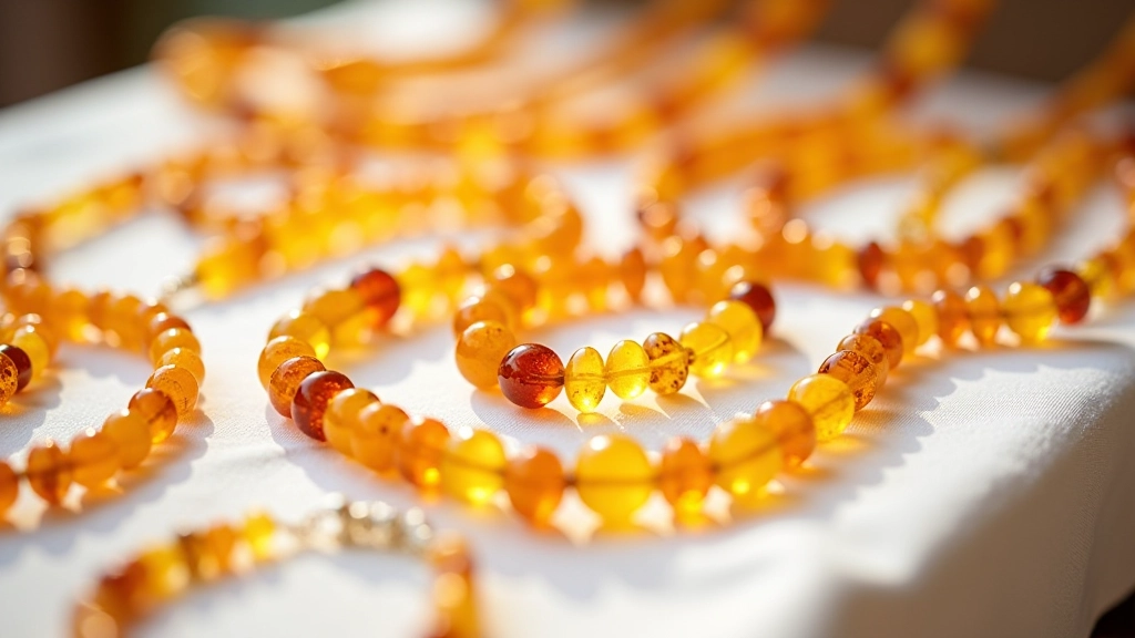 Finished amber jewellery pieces displayed on white surface