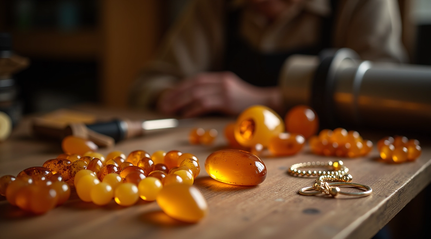 Amber bead workspace with tools and materials