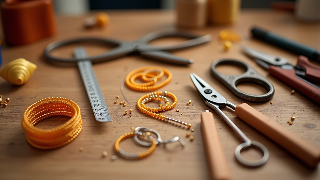 Organized workspace with stringing tools: scissors, crimper, beading wire, and thread arranged neatly on wooden table