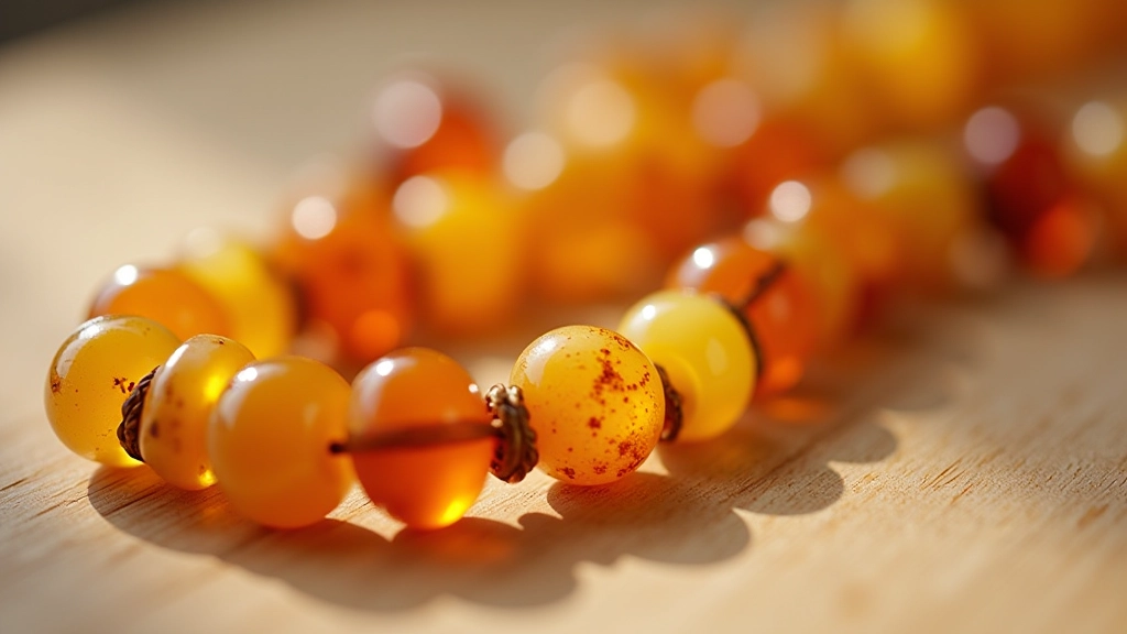 Close-up of amber beads in various natural colors arranged on a work surface