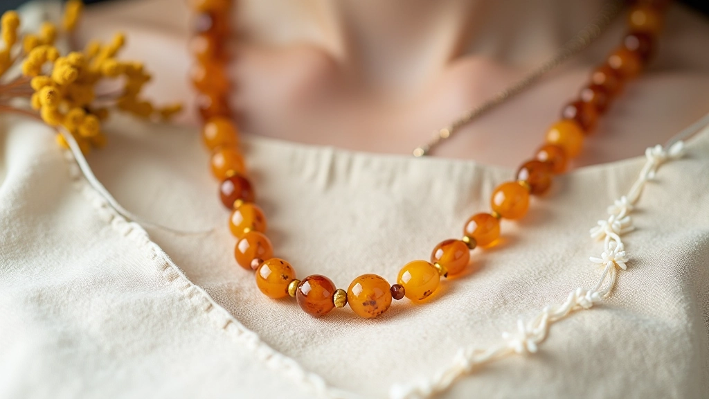 Completed amber beaded necklace laid flat on neutral linen with small design sketches and planning notes visible nearby