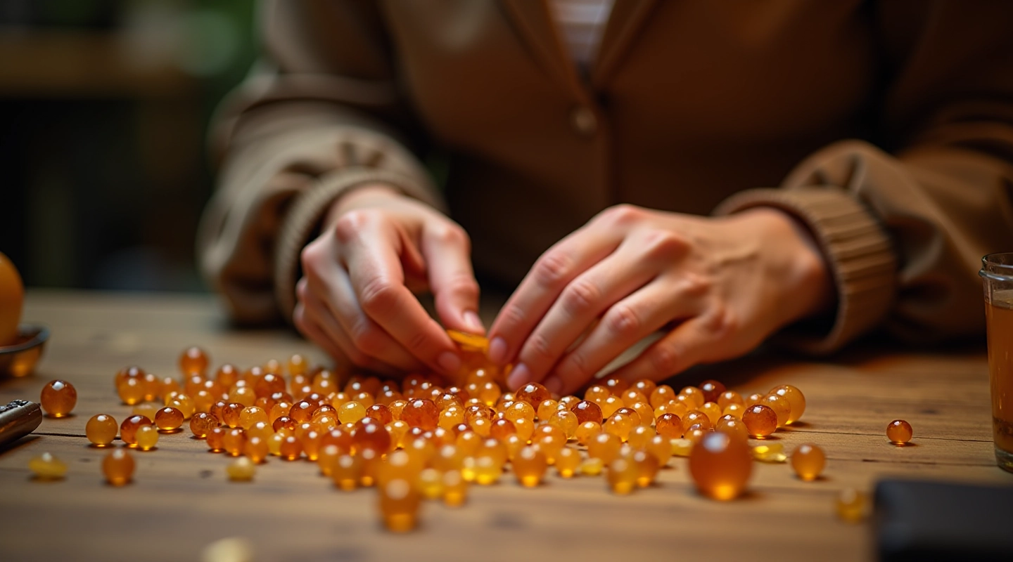Hands working with amber beads on a wooden crafting table with tools and jewelry supplies