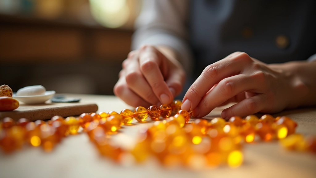 Hands working with amber beads on a work table