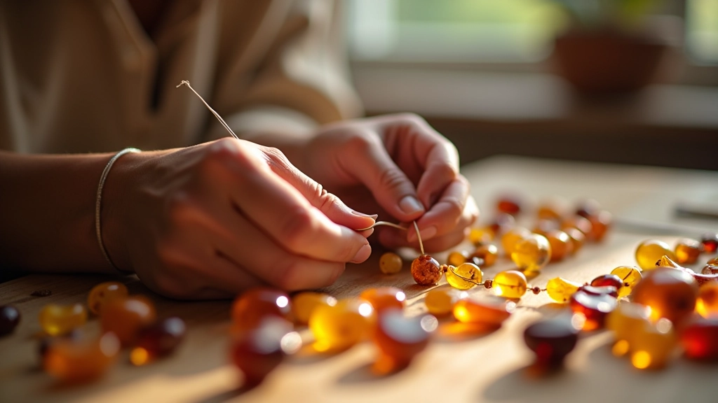 Close-up of hands stringing amber beads onto wire, showing different colored amber pieces from light to deep cognac, natural workshop lighting