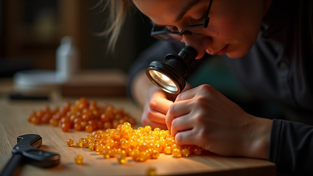 Jeweler's loupe examining amber bead details on a workspace with measuring tools and lighting