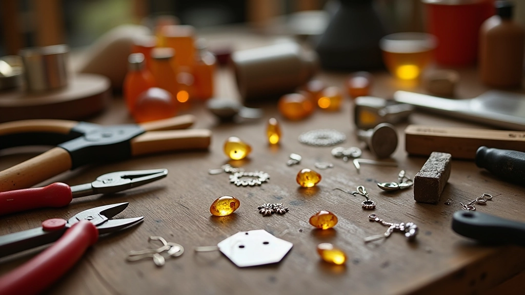 Silversmith tools laid out on workbench including pliers, hammers, wire cutters, and silver sheet metal in organized arrangement, professional workshop lighting