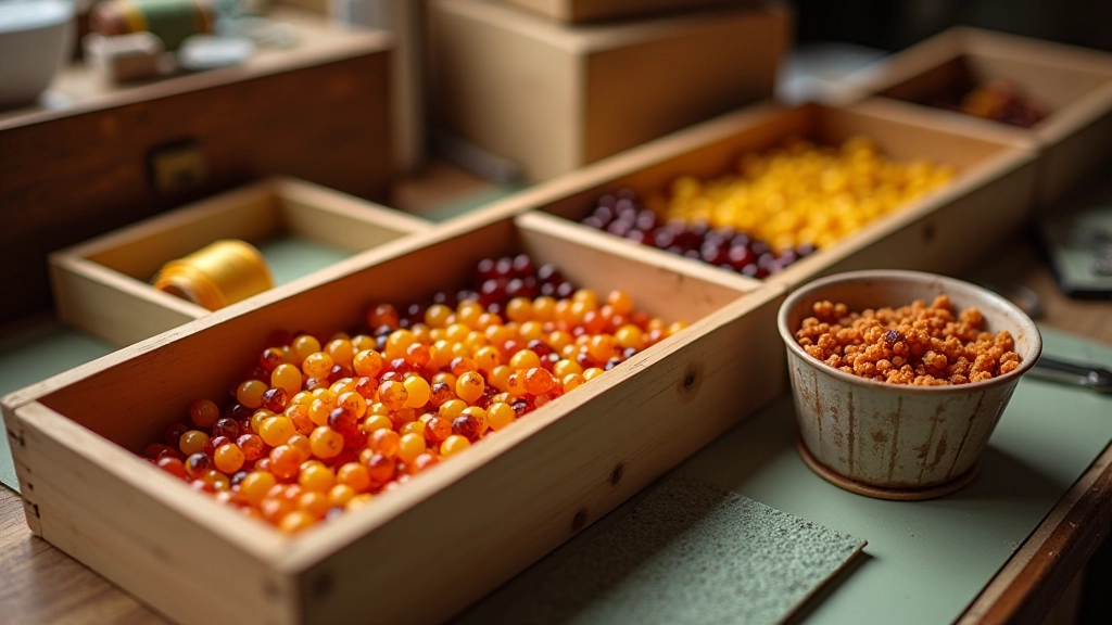 Organized workshop station showing amber beads in wooden boxes, spools of wire, small tools in containers, and a work surface with protective mat, natural light
