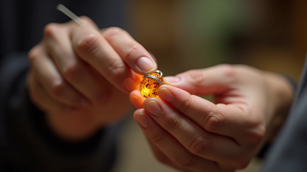 Demonstration of wire wrapping technique with silver wire wrapped around an amber stone in a spiral pattern