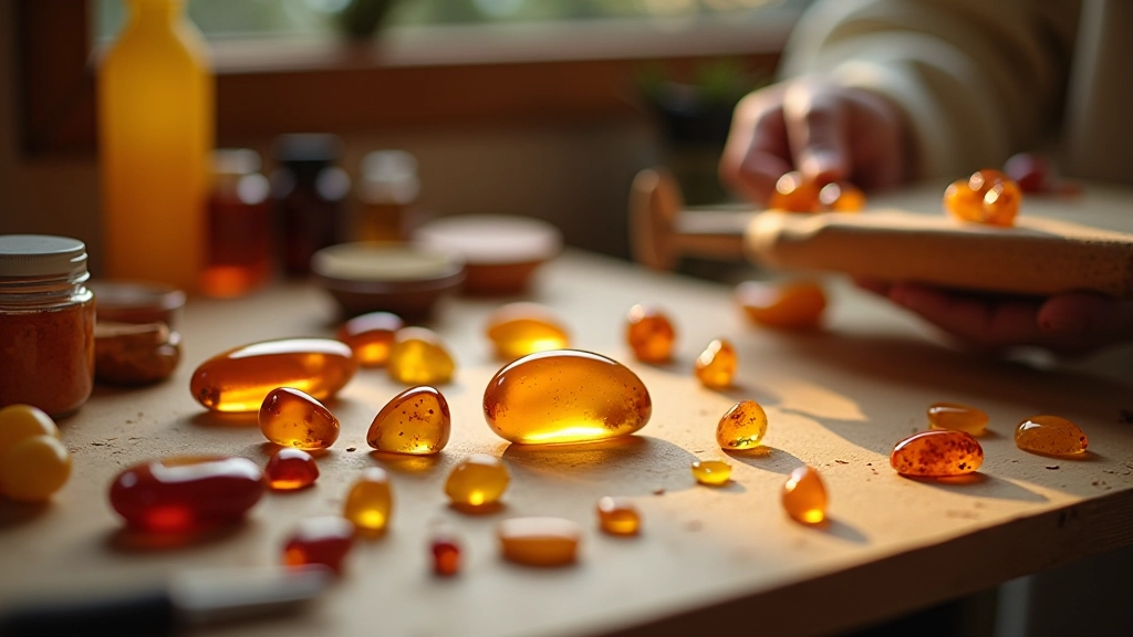 Polishing and finishing supplies with amber pieces in progress