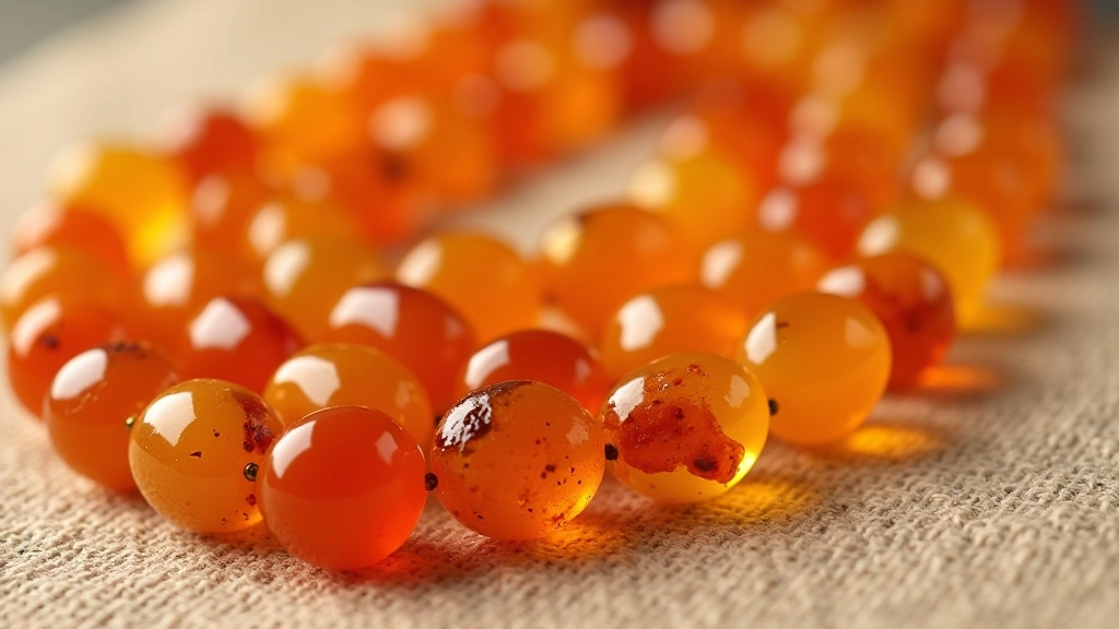 Close-up of raw and polished Baltic amber beads in various honey and cognac tones arranged on a natural linen cloth
