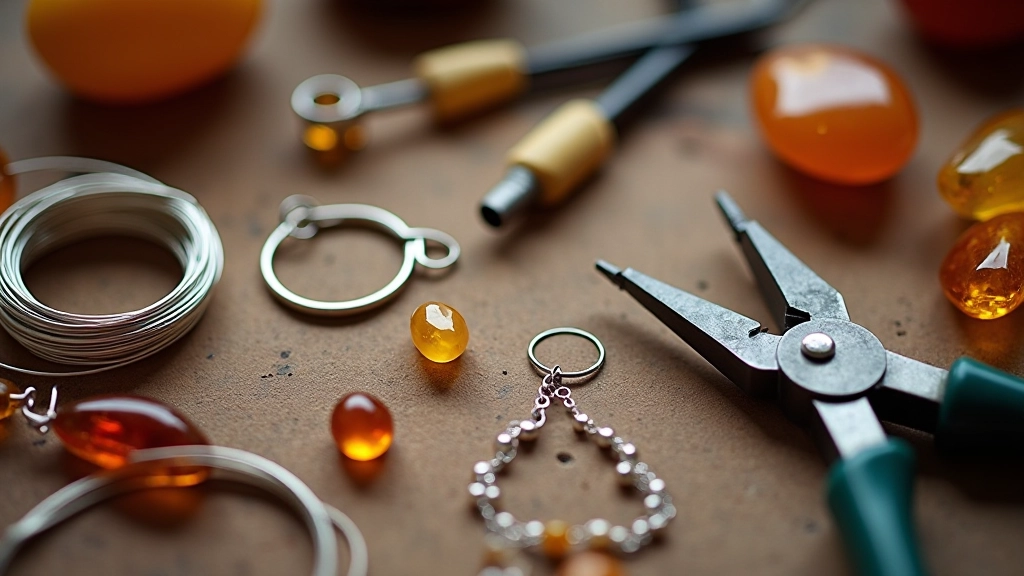 Silver wire wrapping tools and materials arranged on a work surface with amber stones