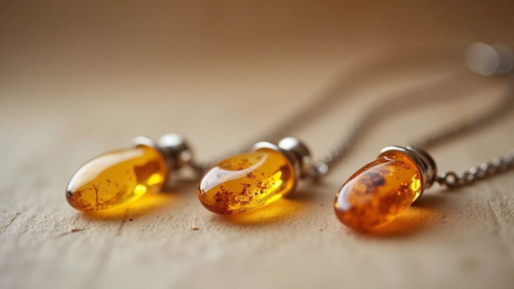 Completed amber and silver pendant necklaces displayed artfully with natural lighting