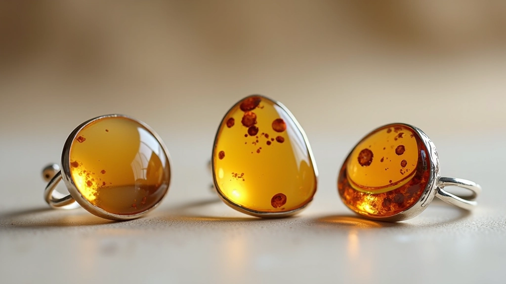 Finished amber and silver jewellery pieces showing professional polishing and setting quality