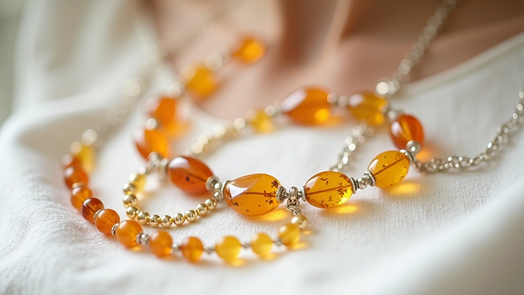 Finished amber and silver necklaces displayed on a neutral background with natural lighting